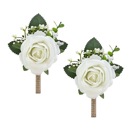 WGBBDG 2Pcs White Rose Boutonniere for Men Groomsmen and Groom Best Man Artificial Flower Boutonnieres Set for Rustic Wedding Anniversary Prom Homecoming Party Formal Dinner