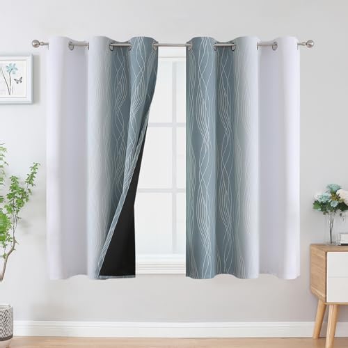 Estelar Textiler Stone Blue and Greyish White Ombre Blackout Curtains 54 Inch Length 2 Panels, Full Room Darkening Drapes for Kitchen, Thermal Insulated Grommet Short Curtains for Bedroom,42Wx54L