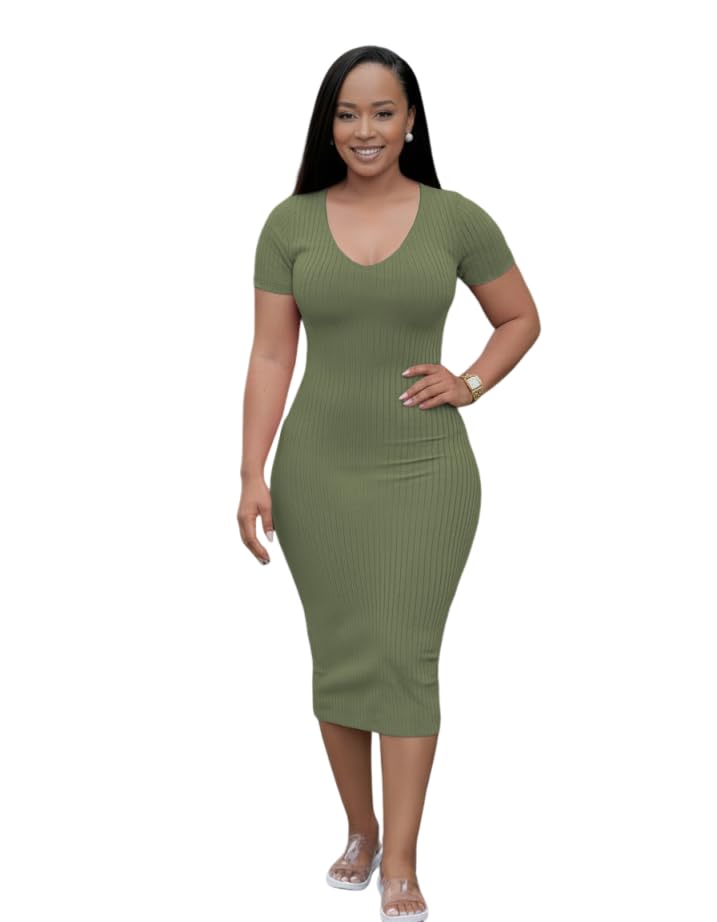 Image of TOPSRANI Women Sexy Midi Dress Bodycon Casual Sleeveless Basic Ruched Tank Summer Club Party Dresses