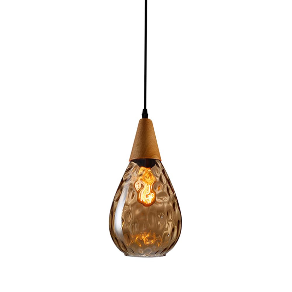 Genérico Lámpara Colgante en Forma de lágrima con Cristal Martillado, Detalles en Madera, Casquillo E27, Color ámbar.