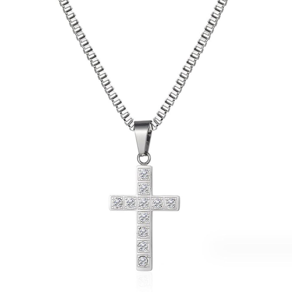 CikSco Collar con colgante de cruz de acero inoxidable con circonita cúbica, para hombres y mujeres, collar de cruz de Cristo, regalo para él, con cadena de 61 cm
