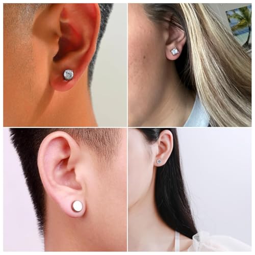 Image of 8pcs Magnetic Earrings for Men, Ear Cuffs Without Piercing, Stainless Steel Fake Non Piercing Studs, Clip On Earrings in Silver Black for Men and Women