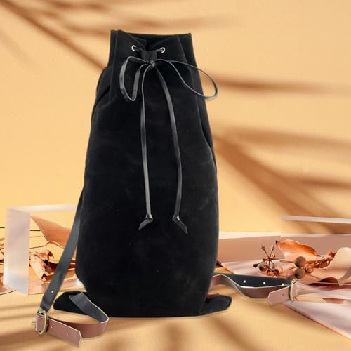 Image of GORGECRAFT Medieval Backpack Black Drawstring Fibre Bag with PU Leather Straps and Alloy Clasps Portable Pouch for Viking LARP Renaissance Outdoor Activities Cosplay Gym Workout Hiking 18x10.8 inch