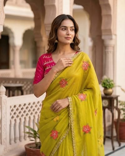 Image of Handcrafted Floral Embroidered Saree with Contrast Blouse