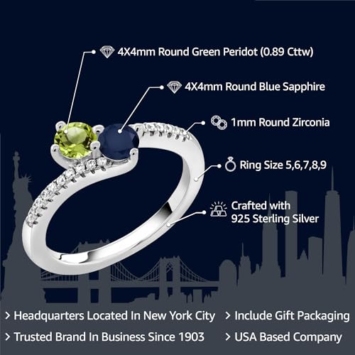 Gem Stone King Two-Stone Bypass Ring for Women in 925 Sterling Silver | 4MM Round Gemstone Birthstone and Green Peridot | Crossover Anniversary Engagement Wedding Promise Ring | Sizes 5, 6, 7, 8, 92