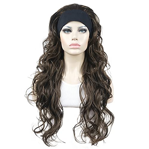 Aimole 26 inch Long Curly 3/4 Half Wig with Black Headband Premium Synthetic Women's Wig Natural Cut Hair(8 Light Chestnut Brown)