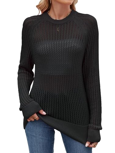 Famulily Comfy Crochet Sweaters for Women Light Weight Long Sleeve Crew Neck Hollow Out Pullover Cover Ups