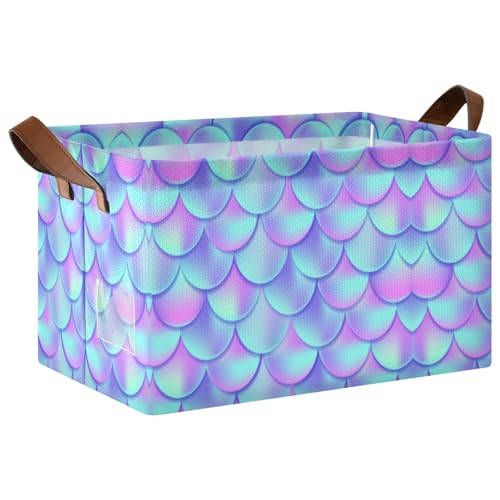 Mermaid Fish Tail Scales Purple Blue Gradient Style Fish Scales 1PC Rectangle Foldable Frame Basket Leather Handles Storage Bin for Laundry Bathroom Organizer M 16.9 x 11.4 x 10 inch
