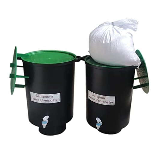 SAMPOORN HOME COMPOSTER- A PRODUCT OF SAMPOORN ZERO WASTE PRIVATE LIMITED is an Aerobic Composting Kit (35L x 2 Composters with Green Lids and Accessories)