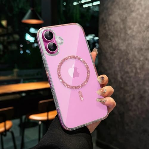 Image of VONZEE Compatible for iPhone 16 6.1'' Back Case Glitter Ring Cute Shiny Colorful Bling Case (Compatible with Magsafe) Transparent PC+TPU Glossy Shiny Cover for Girls Women,Pink