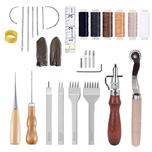 Juego de Herramientas de Coser de Cuero Herramientas de Perforación de Piel con Cuero Encerado Hilo 6 Color Agujas de Ojos Gruesos Herramientas de Cuero de Bricolaje a Mano para Tallar Costura Cover