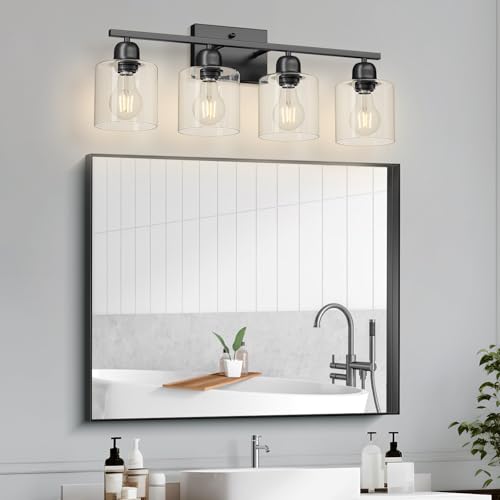 Image of Modern 4 Light Bathroom Light Fixtures, 24 inch Black Vanity Lights for Bathroom with Clear Glass, Bathroom Vanity Light for Mirror Kitchen Living Room Hallway Cabinet Porch