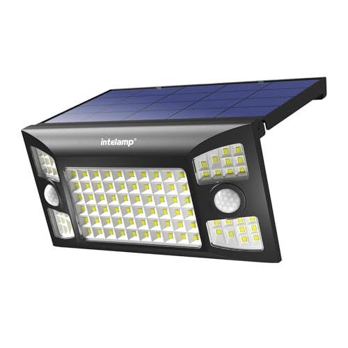 intelamp Luz Solar Exterior, 1300LM/3 Modos Focos Solares Exterior con Sensor de Movimiento, 4000mAH IP65 Impermeable Lamparas Exterior para Jardín, Garaje, Calle, Patio, Caminos (1)