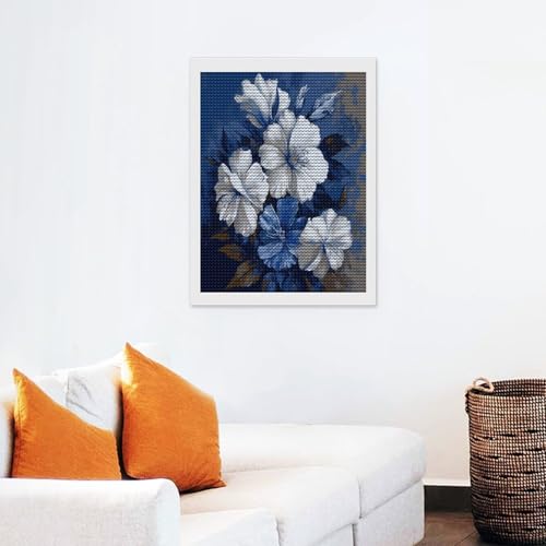 Kits de arte de diamantes para adultos y principiantes con flores azules y blancas 7