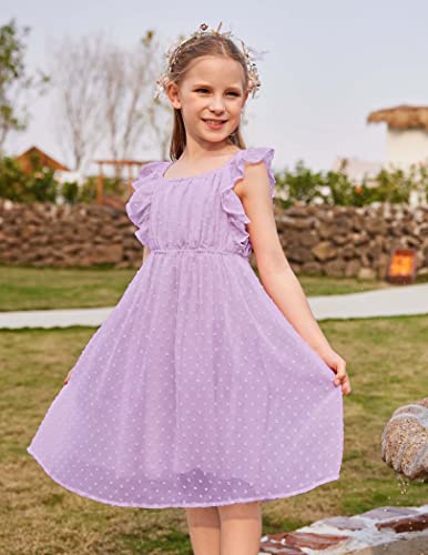 Flypigs Old Girls Ruffle Sleeves Casual Birthday Dress With Lined Summer Casual Dress For 7-8 Years Kids Purple #TOP1