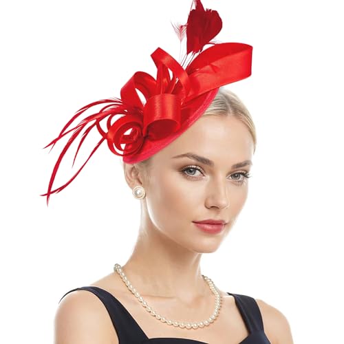 Red Fascinators for Women 2 in 1 Ribbon Feather Headband & Hair Clip Elegant Vintage Tea Party Hats Wedding Guest Headwear for Derby Cocktail Bridal Mother of the Bride