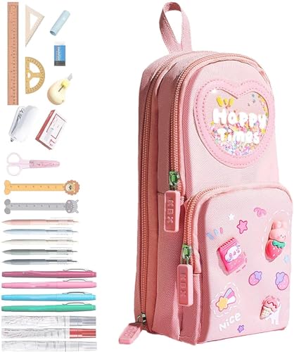 Image of Kawaii Cute 3 Compartment Pencil Case Aesthetic Pencil Case for Girls, Large Capacity Pencil Pouch Stationery Organizer for School Office Item (Pink)