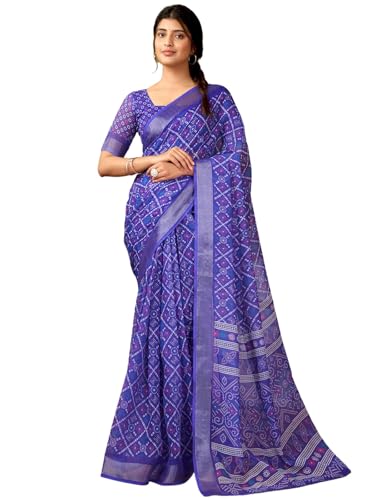 Image of Satrani Women's Linen Printed & Zari Border Ready To Wear One Minute Pre Pleated Readymade Saree with Unstitched Blouse Piece