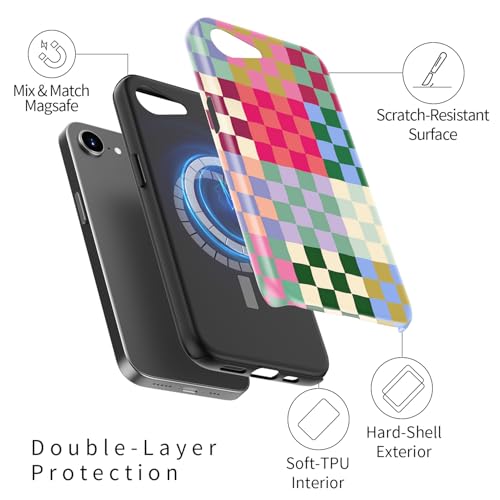 Image of Goodon for iPhone 16e Case Cute - Wireless Charging Compatible - Dual-Layer Hard Shell + Silicone Cover - Protective Phone Case with Trendy Designs for Women - Patchwork Checkerboard