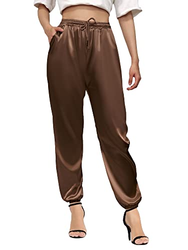 Betusline Women's Solid Color Drawstring Waistband Satin Silk Casual Jogger Pants with Pockets, Brown, US X-Large = Tag XL by Betusline - Image 2