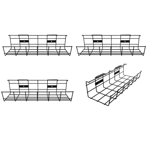 Under Desk Cable Management- 4 Pack Cord Organizer. Metal Wire Cable Management Tray for Office, Studio and Home. Super Sturdy Under Table Cable Managements - Black Cable Organizer