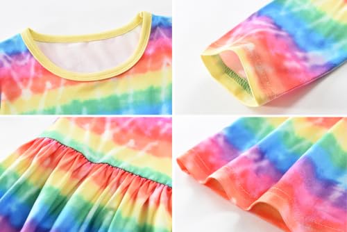 Image of Tkria Toddler Girls Rainbow Dress Striped Fall Dress Cartoon Colourful Long Sleeve Casual Dressy 2-7T