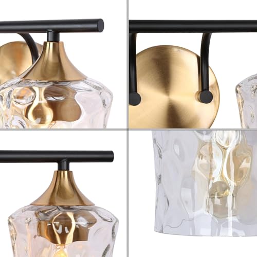 Image of KSANA Bathroom Vanity Lights, 2-Light Black and Electroplated Brass Vanity Light Over Mirror Mid-Century Modern Bathroom Light Fixtures with Textured Glass, 14 inch L x 6.7 inch W x 7.3 inch H