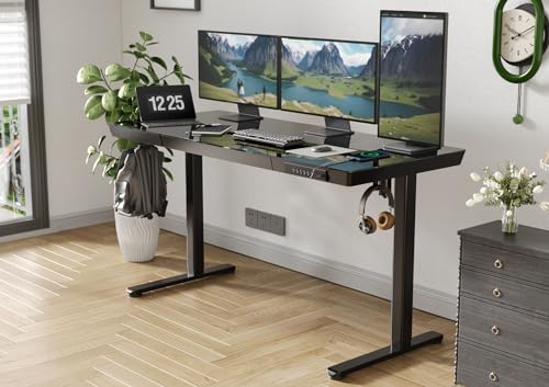 Image of Claiks Glass Standing Desk with Drawers & USB Ports 55x24 Inch, Black