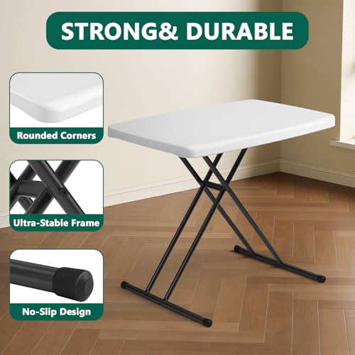 Image of 30in Folding Table, Portable Picnic Table with Adjustable Height, Foldable TV Tray Table & Laptop Desk for Small Spaces, Patio, Camping, BBQ, No Assembly Needed, White