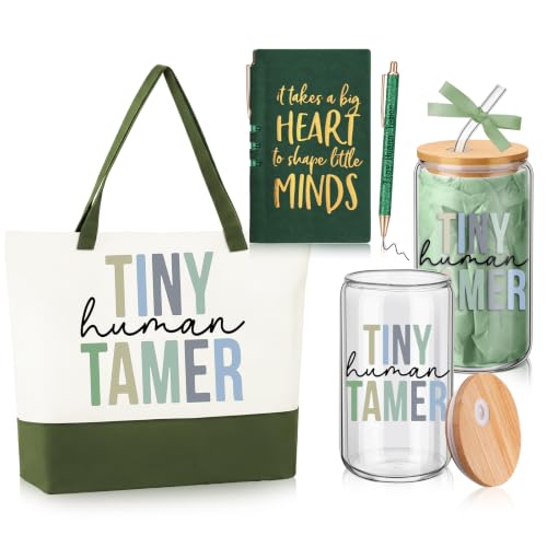 Gueevin Tiny Humans Tamer Daycare Teacher Appreciation Gifts Set Preschool Kindergarten Teachers Gifts for Babysitter Mom Women Includes Tote Bag Glass Cup A5 Notebook & Pen(Green)