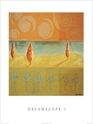 Buyartforless Dreamscape I by Liz Rider 19.75x23.5 Art Print Poster Abstract Painting Colorful Shapes Green Orange Spirals Trees