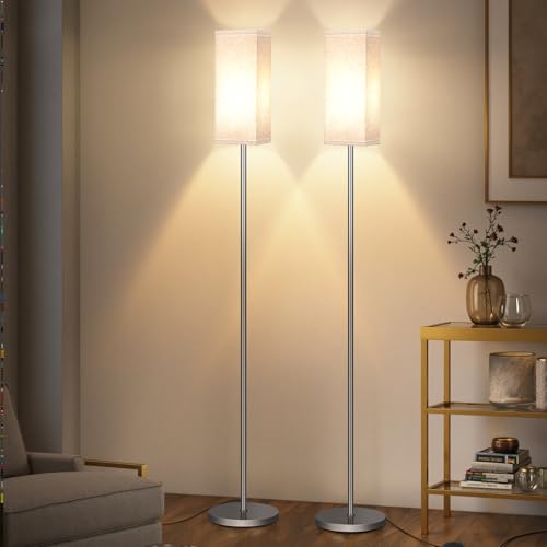 Image of 2Pack Floor Lamp, Pole with Foot Switch, Modern Standing Lamp Lamp, Minimalist Freestanding Lamp (Bulb Not Included), for Living Room, Bedroom Office ETL Listed, Silver and Beige SE07LDP205