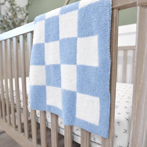 Image of L+L USA Checkered Baby Blanket 28 inchx40 inch - DreamSoft Knit Throw for Crib, Stroller or Car Seat - Soft Blanket /Newborn Nursery Gift Essential for Toddler, Infant, Kids, Boys & Girls (Steel Blue /White)