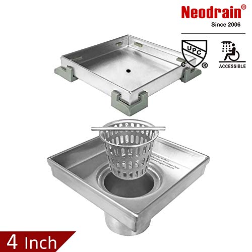Neodrain Square Shower Drain with Removable Tile insert Grate, 4-Inch, Brushed 304 Stainless
