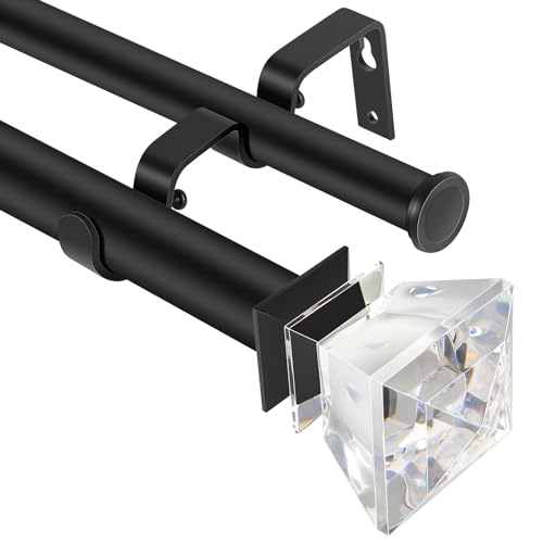 SCITOO Window Curtain Rods,1 Inch Matte Black Telescoping Curtain Rods for Windows 36-72 inch double curtain rod Diamond Acrylic Finial