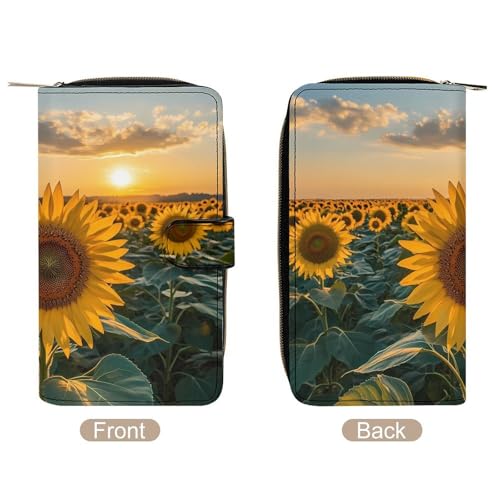 Sunset Over Sunflower Field PU Leather Womens Wallet Large Capacity Zippered Bifold Purse with 12 Card Slot Coin Case3