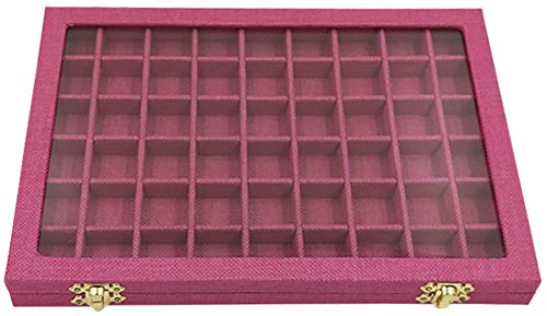 Funnuf 54 Grids Linen Jewelry Display Storage Box Tray Holder for Ring Earrings,Rose Red
