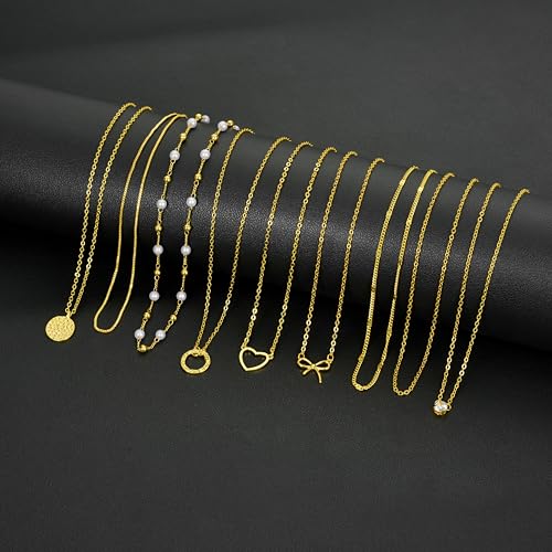 9Pcs 18k Gold Plated Necklaces for Women Love Heart CZ Bow Coin Circle Pendant Necklace Simple Pearl Satellite Beaded Choker Chain Box Chain Necklace Jewelry Set Adjustable Gold Silver Tone4