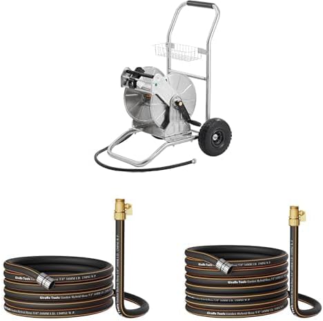 Giraffe Tools Stainless Steel Water Hose Reel Cart, 200 ft of 1/2 Capacity+Water Hose 25ft x 5/8", Female and male Fittings+Water Hose 50ft x 5/8", Male and Female Fittings