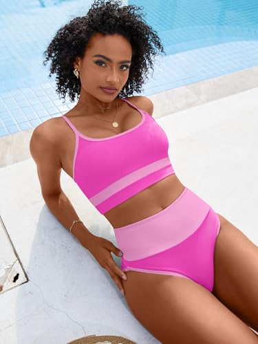 Image of ANRABESS Women's High Waisted Bikini Sets,Color Block 2 Piece Swimsuits,Tummy Control Bathing Suits,Thick Ribbed Beach Wear