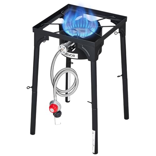 Image of VEVOR Single Burner Outdoor Propane Gas Stove, 100,000 BTU Propane LPG Gas Camping Stove, Heavy Duty Carbon Steel Outdoor Cooker, with Tall Stand & PSI Regulator, for BBQ Camp Home Patio RV Cooking