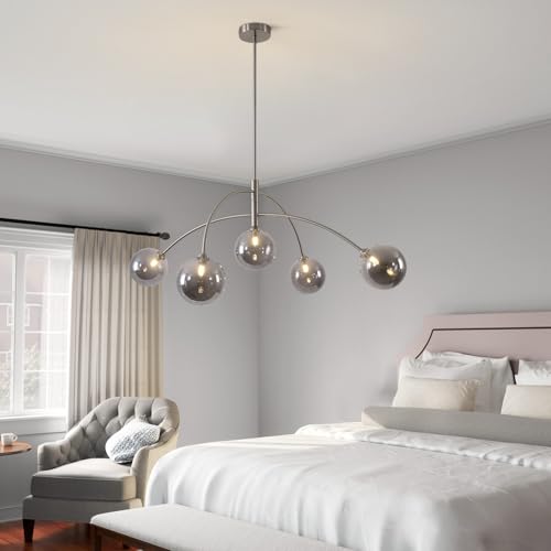 Image of Modern Silver Chandelier 5 Light Smoke Gray Semi Flush Mount Chandelier Vintage Industrial Ceiling Light for Dining Room Kitchen Bedroom Hallway