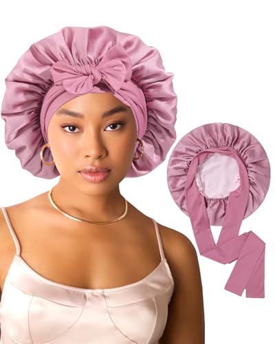 AWAYTR Satin Hair Bonnet for Sleeping, Adjustable Double Layer Sleep Cap