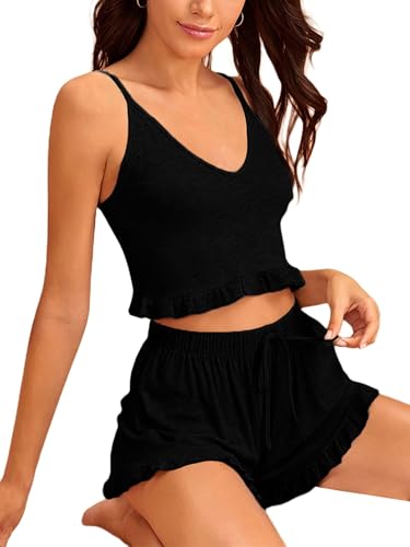 Image of Avanova Women Sexy 2 Piece Pajama Set Ruffle Trim Cami Top and Shorts Sleepwear Set