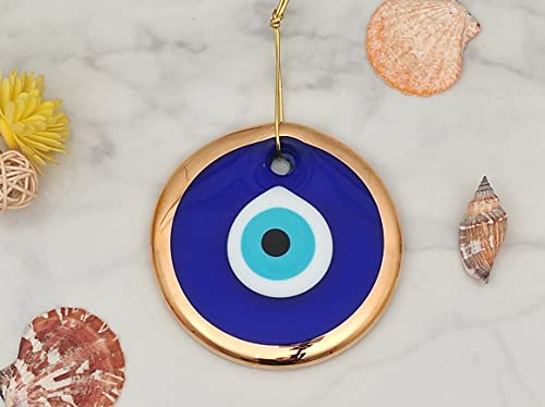 Image of Handmade Blue Glass Turkish Gold Evil Eye Hanging for Home Entrance, Nazar Battu Protection Amulet for Good Luck & Prosperity - Main Door & Wall Decor (11cm)