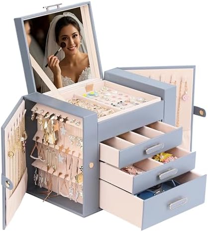 Jewelry Boxes for Women, 4 Layer Jewelry Organizer with 2 Doors for Necklaces Hanging and 2 Closet for Earrings Hanging, Large Jewelry Box with Mirror (Grey)