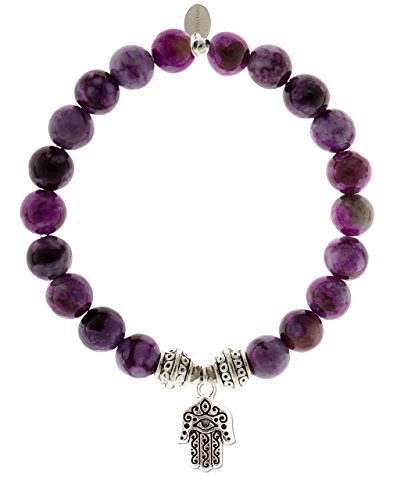 EvaDane 1_Sug_S_T_HAM_7 Natural Semi Precious Sugilite Gemstone Tibetan Bead Hamsa Charm Stretch Bracelet