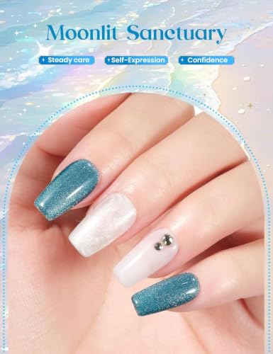 Image of Beetles Moonlit Sanctuary Lucky Box Cancer Zodiac Gel Nail Polish Kit | with Mini UV Light Blue White Pearl Sliver Colors, Nail Art Set with Tools Necklace Badge, Salon DIY Zodiac Gift for Women