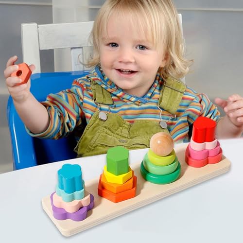 Image of SHINETOY Wooden Four-Pillar Stacking Block Toy | 16 Colorful Shape & Color Sorting Blocks | Montessori Educational Toy for Toddlers to Build Fine Motor Skills & Hand-Eye Coordination