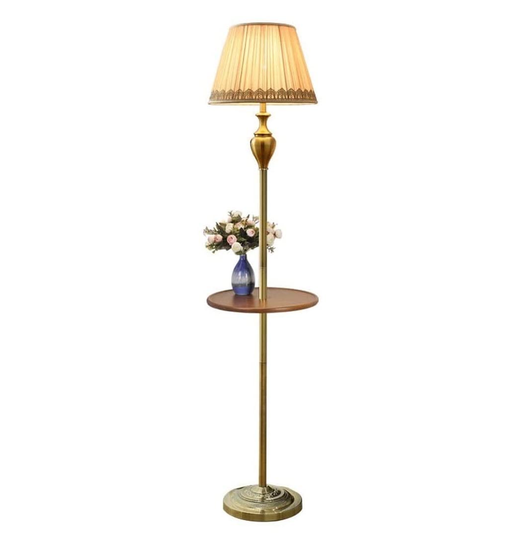AZHKJKZH Floor Standing Lamp American Metal Floor Lamp with Wood Shelves Living Room Bedroom Fabric Lampshade Standing Study Reading Light Living Room